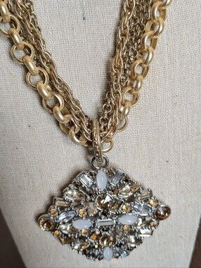 Chico's Vintage Faux Crystal Pendant Gold Statement Necklace